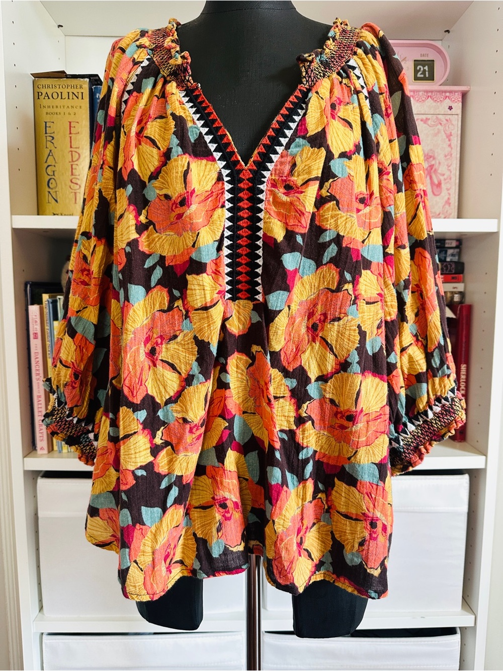 Sundance Floral Smocked Peasant style Tunic in Yellow, Pink & Teal on Black